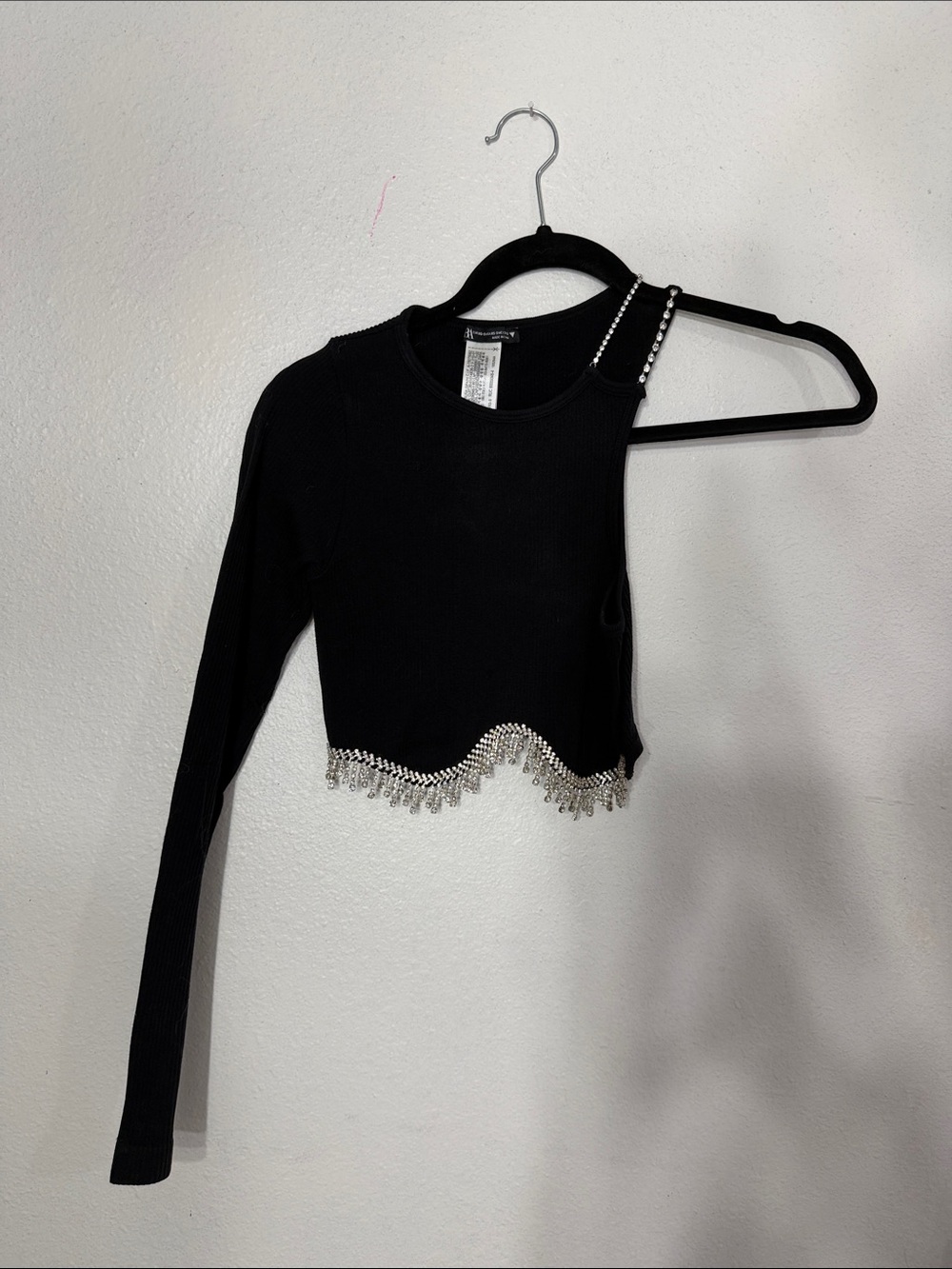 Zara Black One-Shoulder Crop Top with Rhinestone Fringe